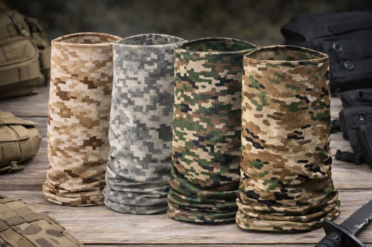 دستمال سر و گردن اسکارف کوهنوردی و تاکتیکال طرح دیجیتال خاکی با پارچه سوزنی